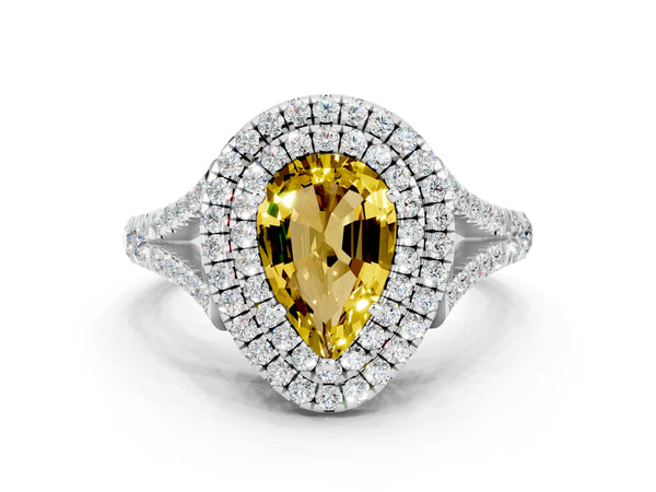White gold Pear Cut Yellow Sapphire Pavé Split Shank Double Halo Engagement Ring