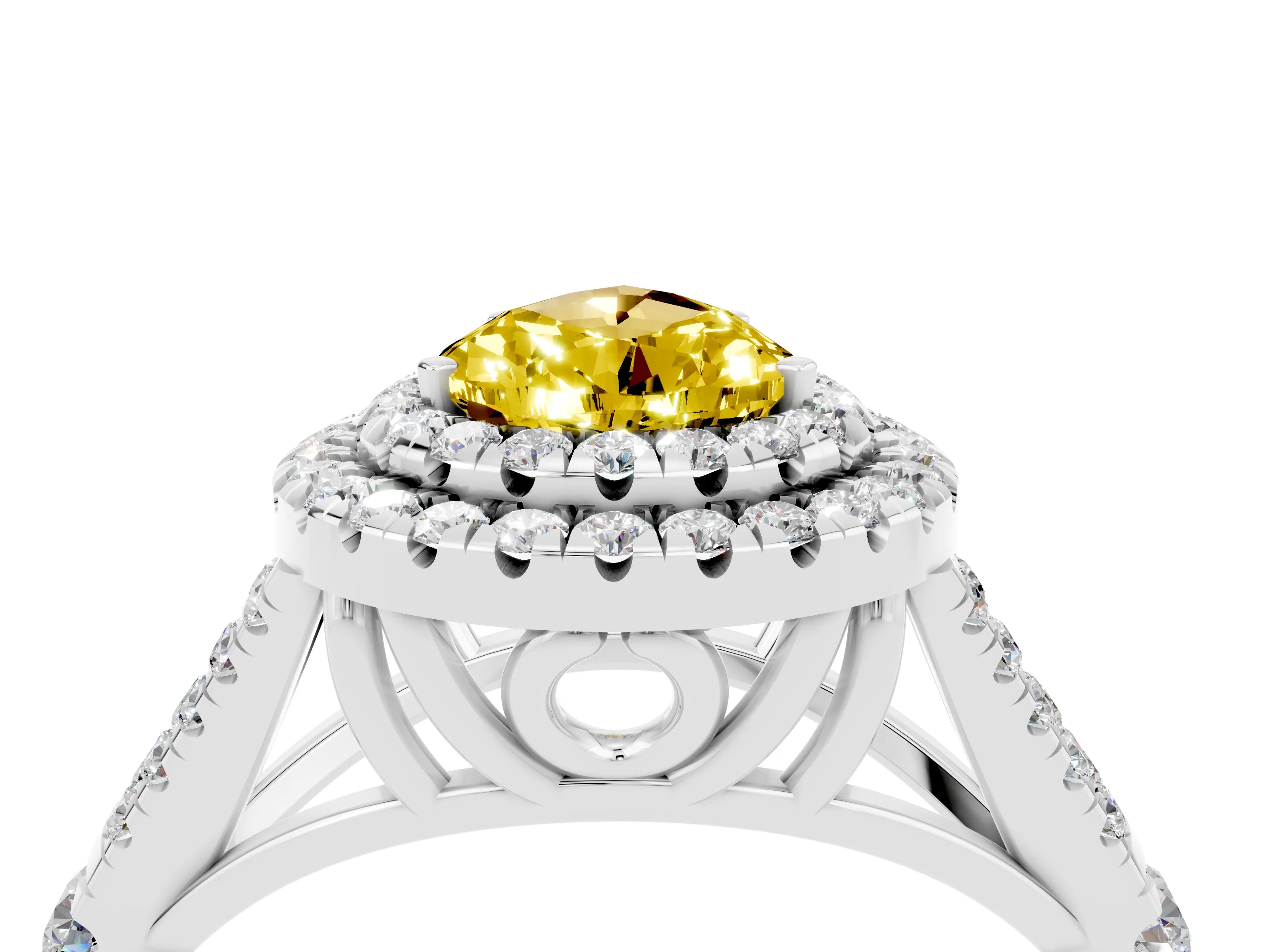 White gold Pear Cut Yellow Sapphire Pavé Split Shank Double Halo Engagement Ring_4