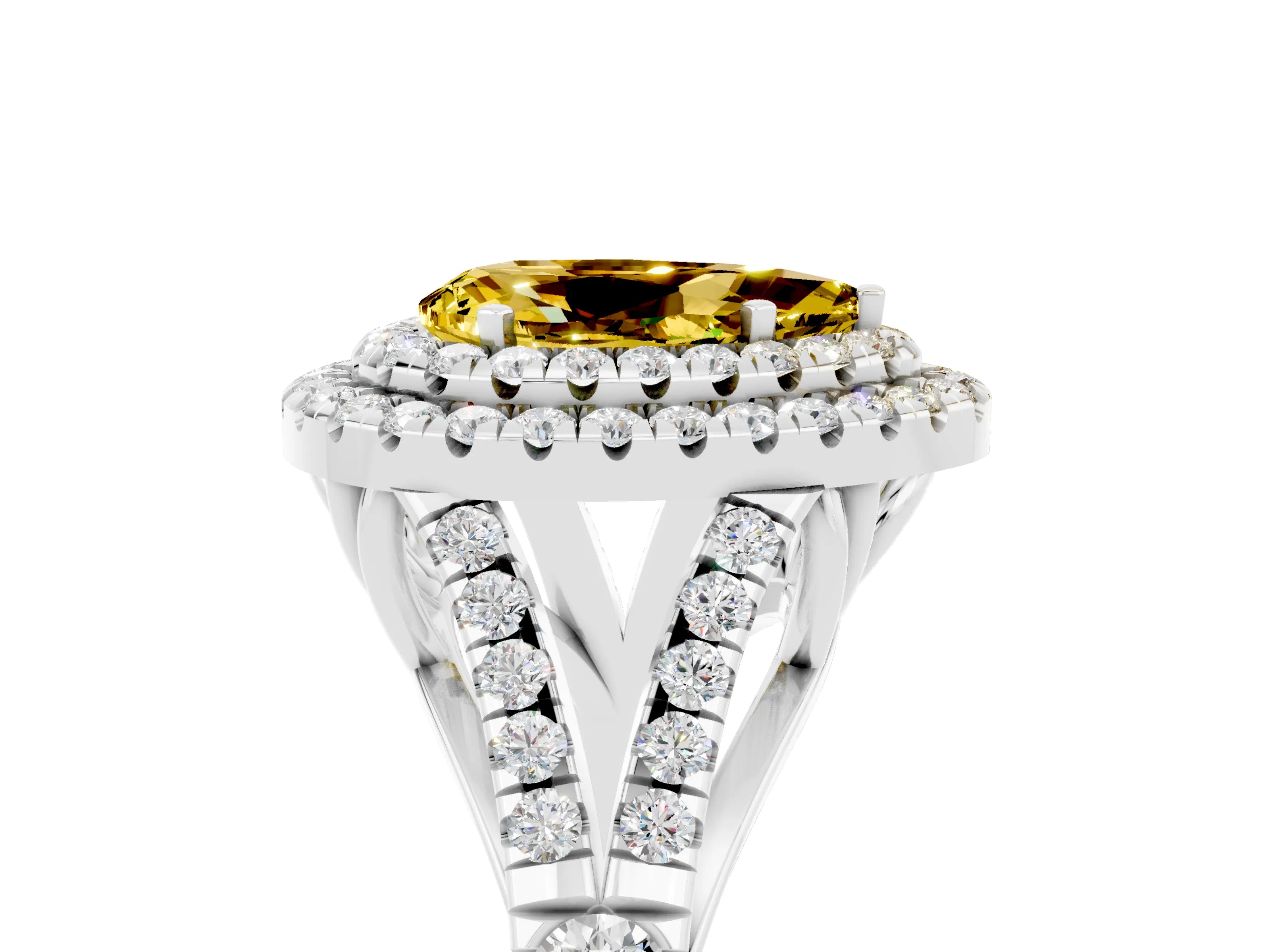 White gold Pear Cut Yellow Sapphire Pavé Split Shank Double Halo Engagement Ring_5