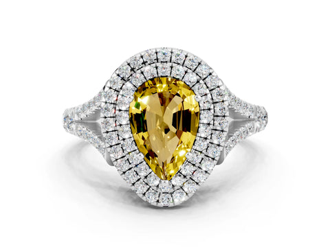 White gold Pear Cut Yellow Sapphire Pavé Split Shank Double Halo Engagement Ring