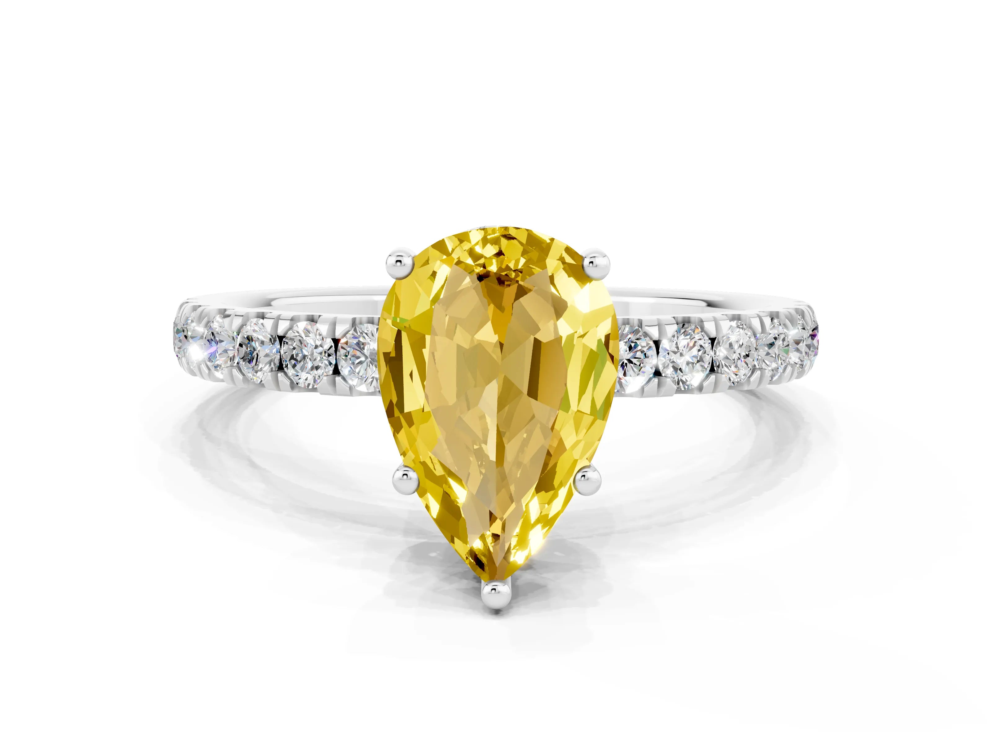 White gold Pear Cut Yellow Sapphire Pave Band Solitaire Ring with Four-Prong Setting_60