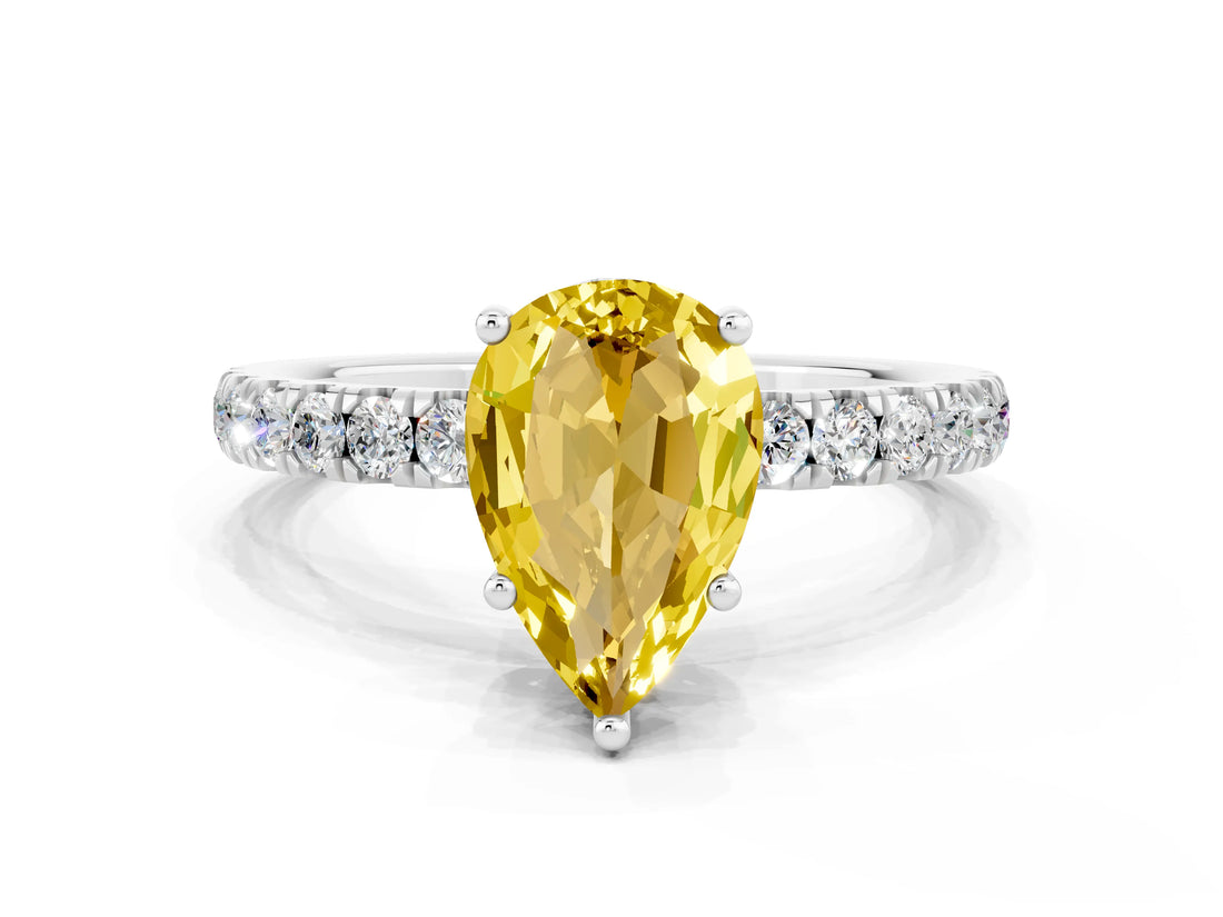 White gold Pear Cut Yellow Sapphire Pave Band Solitaire Ring with Four-Prong Setting_60