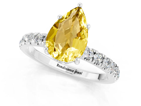 White gold Pear Cut Yellow Sapphire Pave Band Solitaire Ring with Four-Prong Setting_61