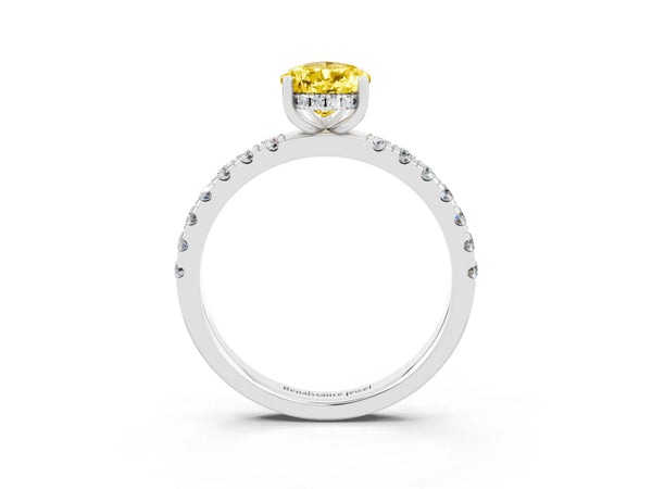 White gold Pear Cut Yellow Sapphire Pave Band Solitaire Ring with Round  and Prong Setting