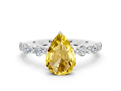 White gold Pear Cut Yellow Sapphire Prong Set Engagement Ring with Pavé Band_12