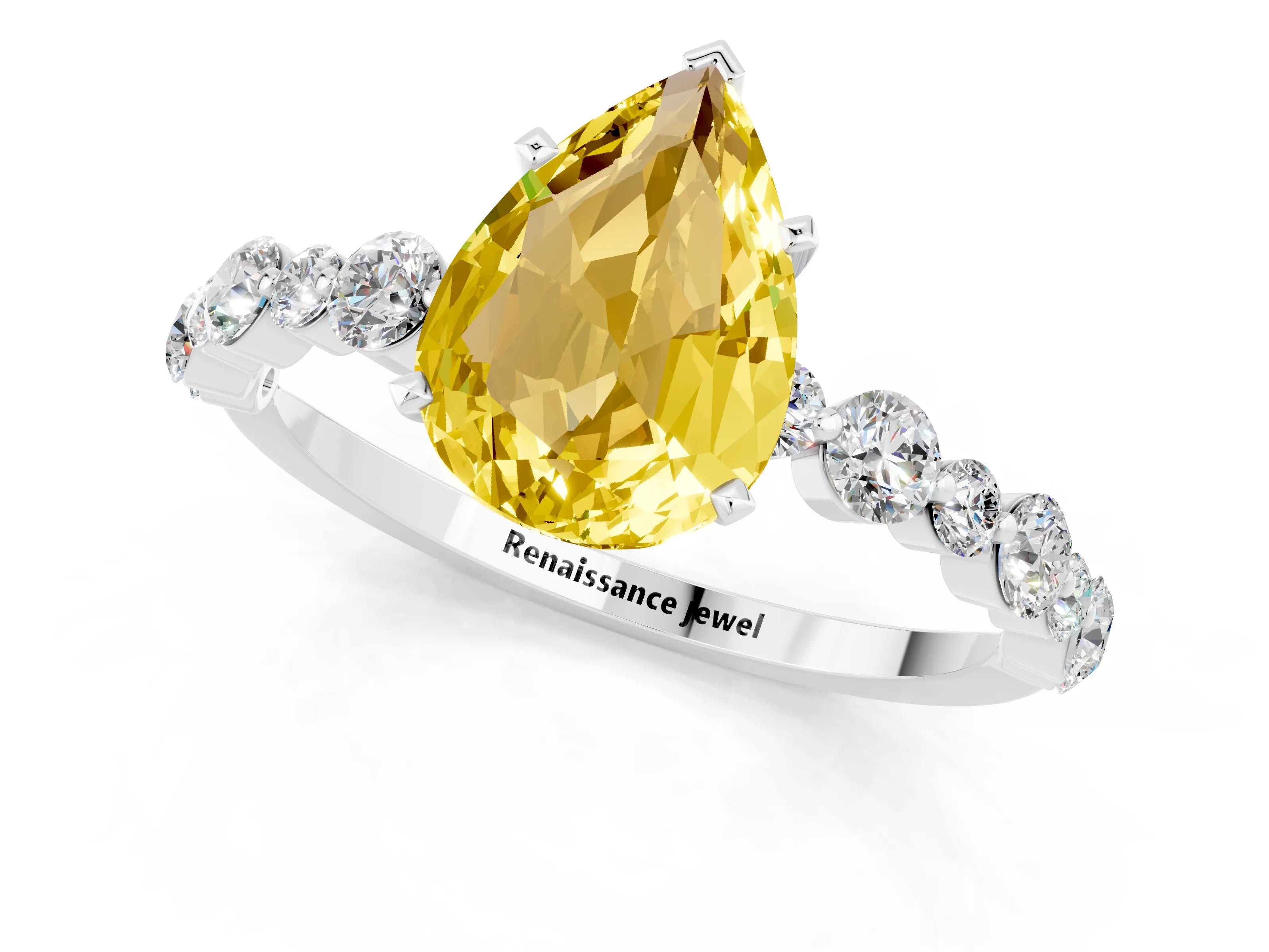 White gold Pear Cut Yellow Sapphire Prong Set Engagement Ring with Pavé Band_13