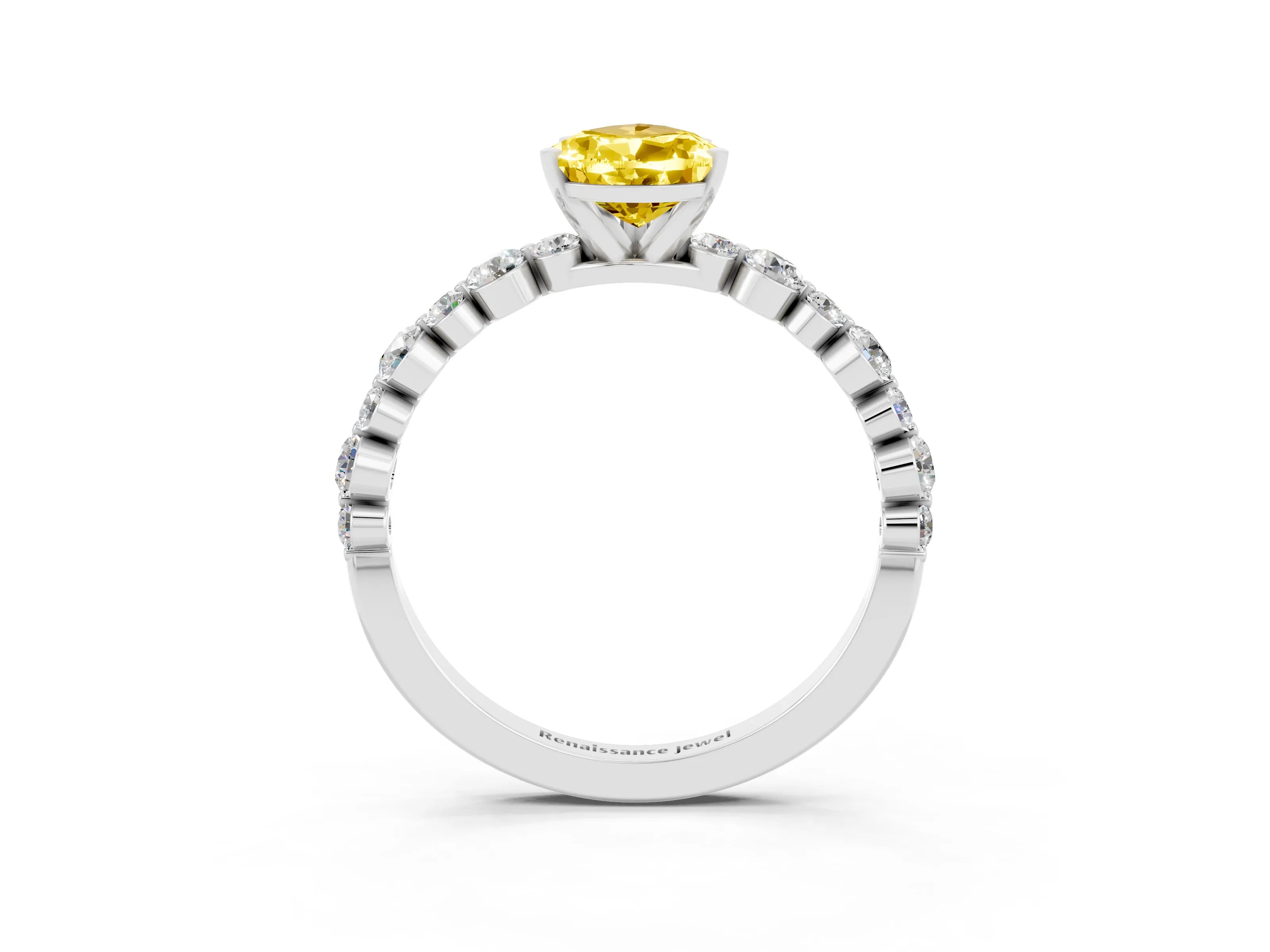 White gold Pear Cut Yellow Sapphire Prong Set Engagement Ring with Pavé Band_15