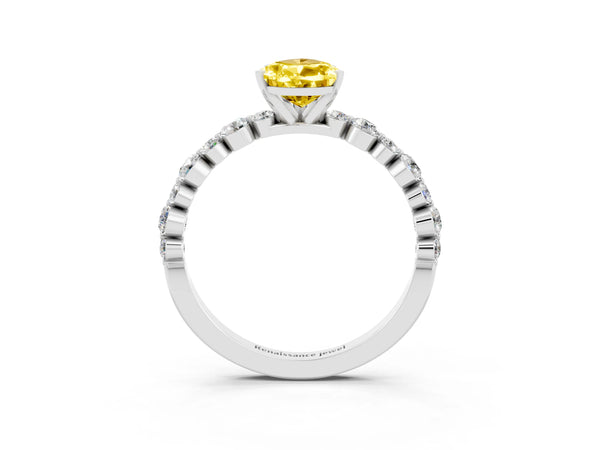 White gold Pear Cut Yellow Sapphire Prong Set Engagement Ring with Pavé Band