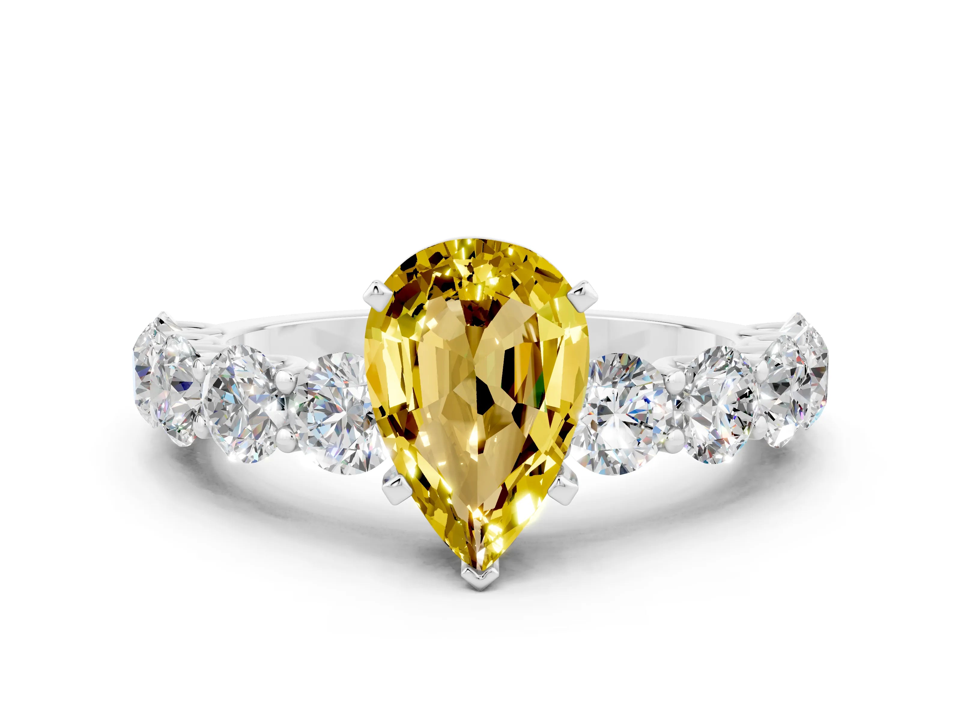 White gold Pear Cut Yellow Sapphire Prong Setting with Side Stones on a Pave Band_24