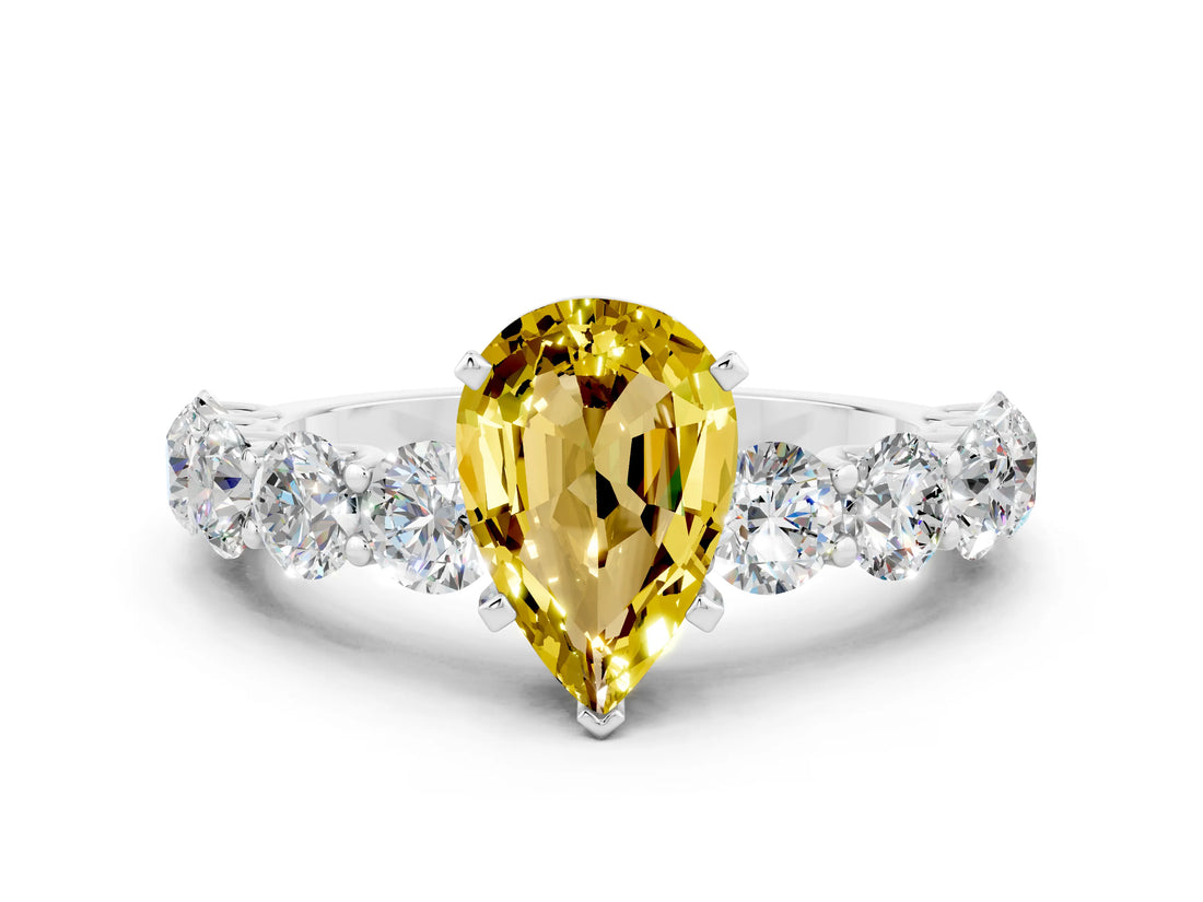 White gold Pear Cut Yellow Sapphire Prong Setting with Side Stones on a Pave Band_24