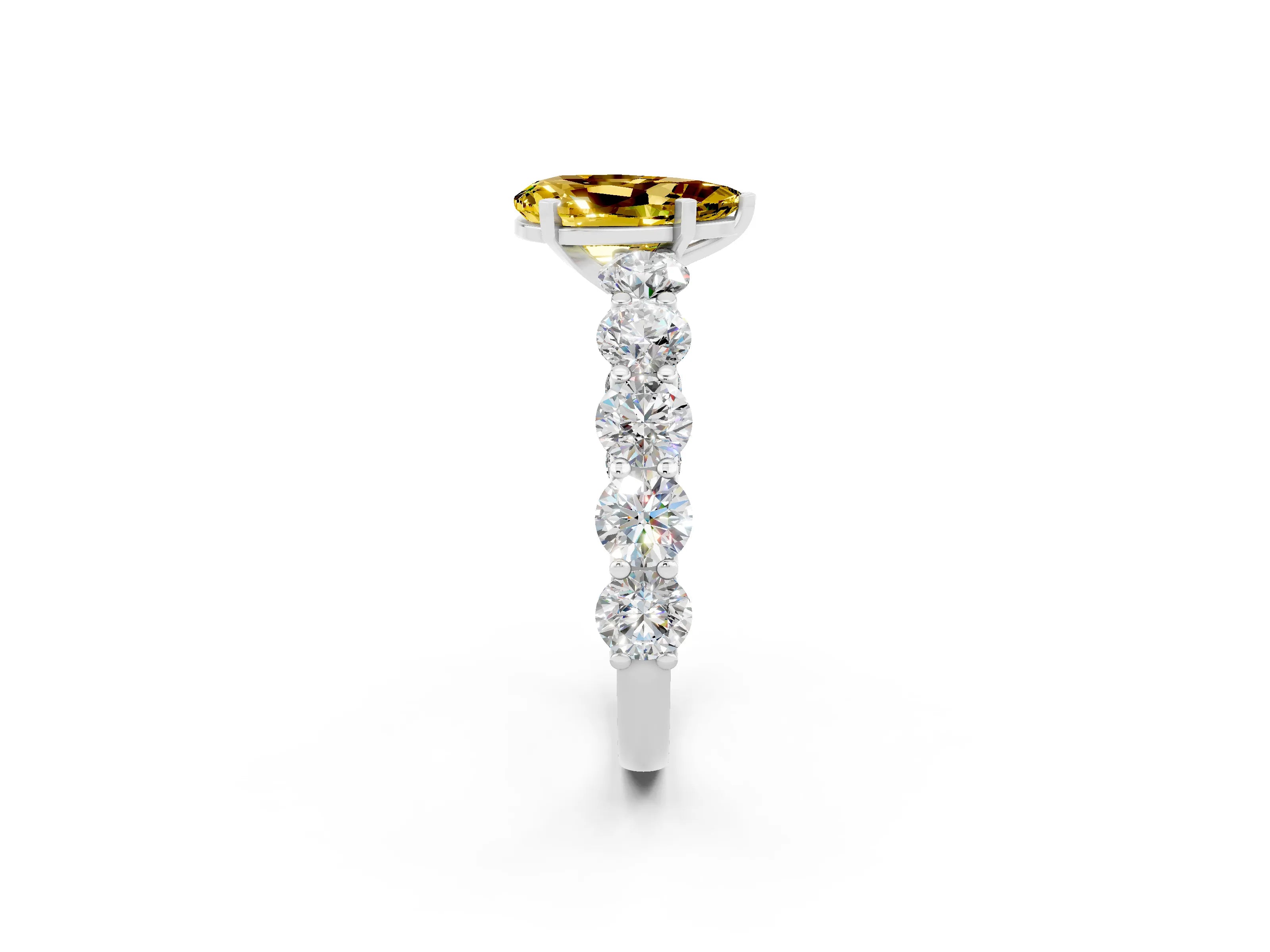 White gold Pear Cut Yellow Sapphire Prong Setting with Side Stones on a Pave Band_26