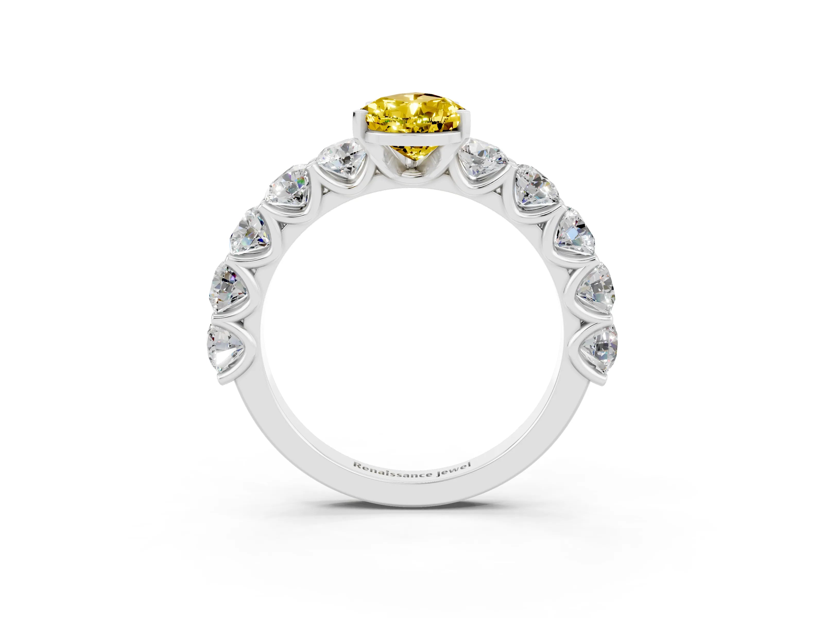 White gold Pear Cut Yellow Sapphire Prong Setting with Side Stones on a Pave Band_27