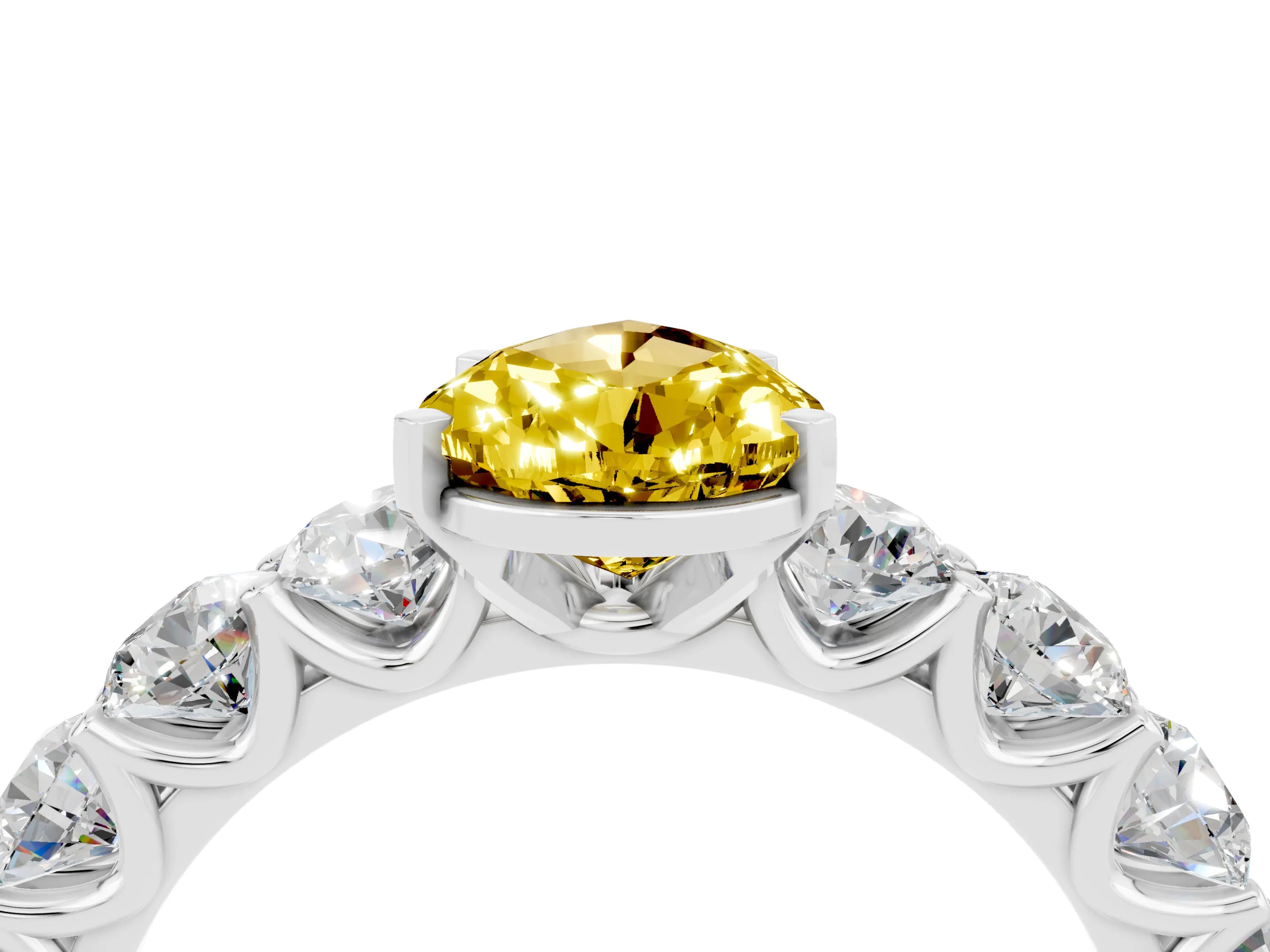 White gold Pear Cut Yellow Sapphire Prong Setting with Side Stones on a Pave Band_28