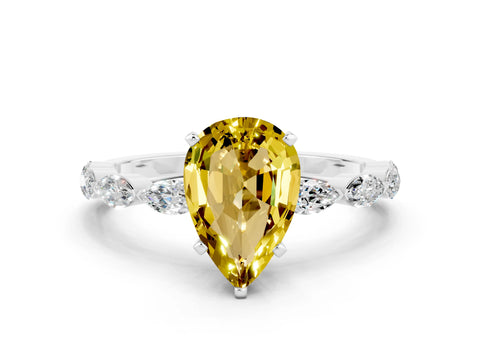 White gold Pear Cut Yellow Sapphire Ring with Marquise Side Stones and Prong Setting_12