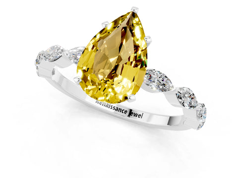White gold Pear Cut Yellow Sapphire Ring with Marquise Side Stones and Prong Setting_13