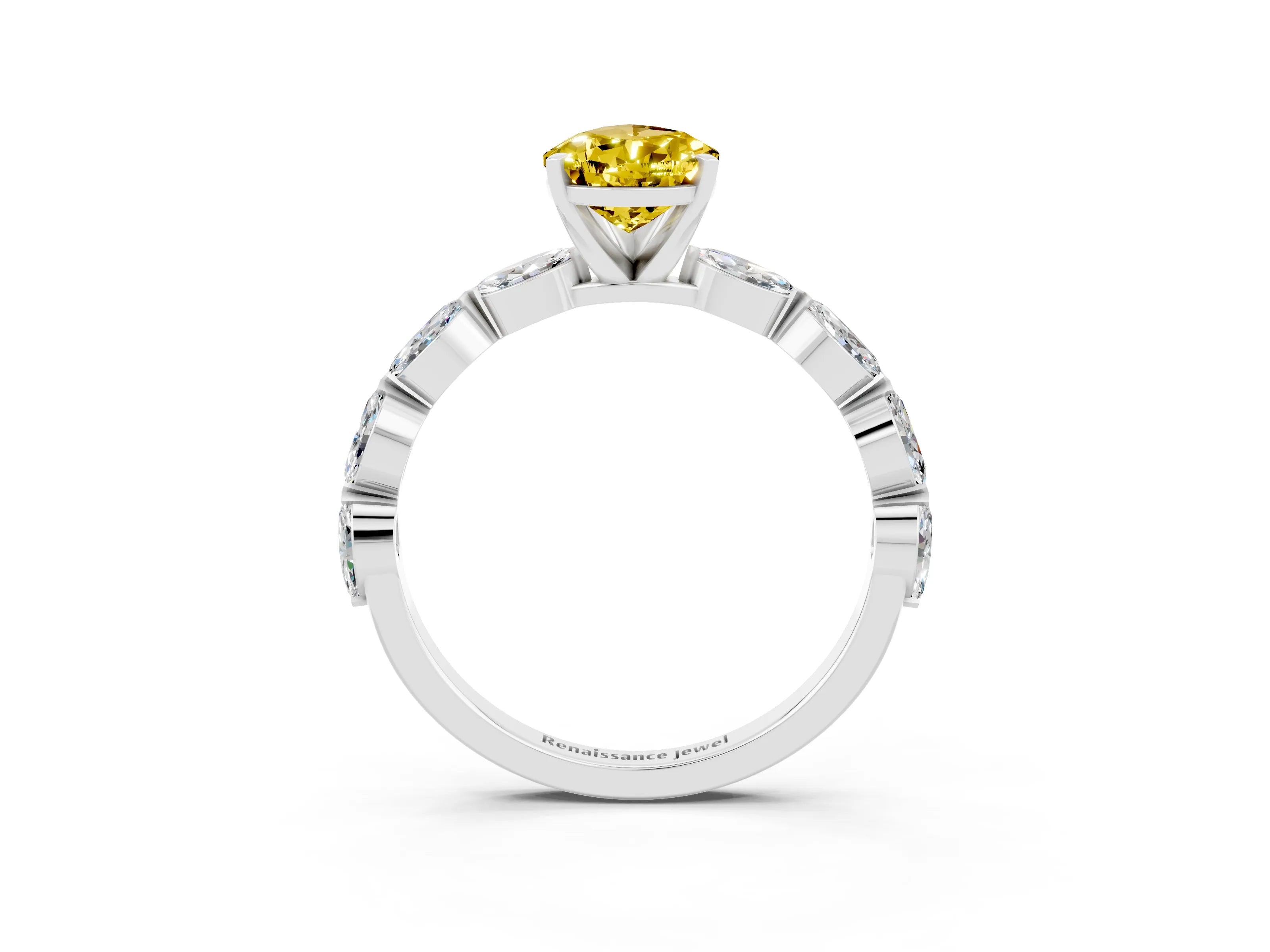 White gold Pear Cut Yellow Sapphire Ring with Marquise Side Stones and Prong Setting_15