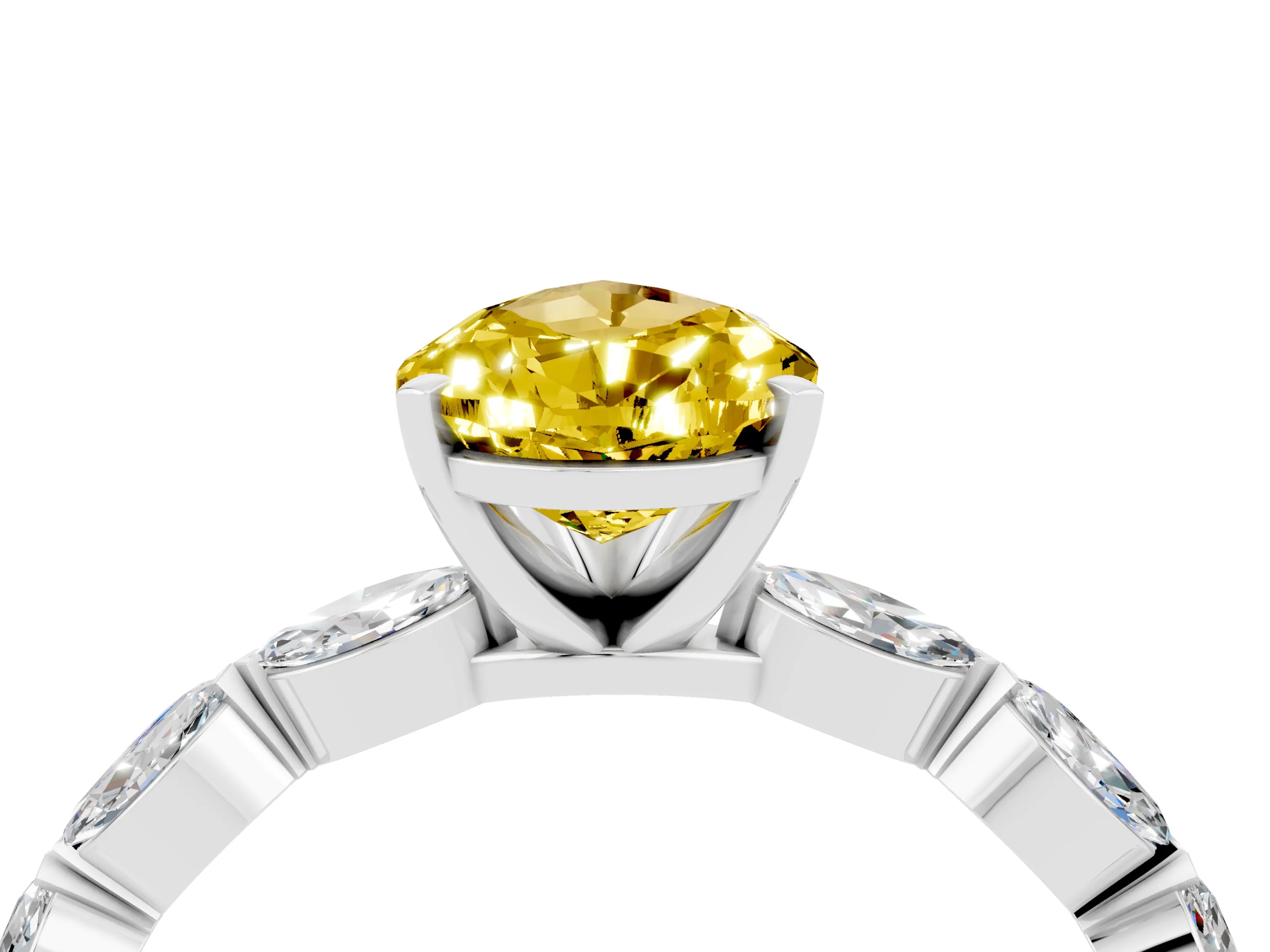 White gold Pear Cut Yellow Sapphire Ring with Marquise Side Stones and Prong Setting_16