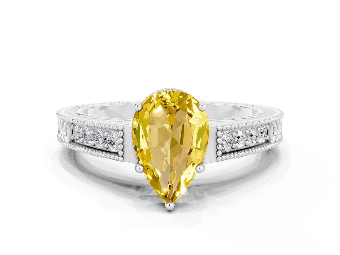 White gold Pear Cut Yellow Sapphire Ring with Milgrain Pavé Band and Four-Prong Setting_59