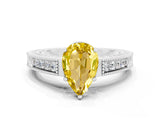 White gold Pear Cut Yellow Sapphire Ring with Milgrain Pavé Band and Four-Prong Setting_59