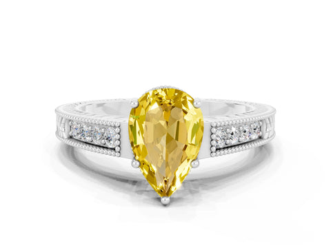 White gold Pear Cut Yellow Sapphire Ring with Milgrain Pavé Band and Four-Prong Setting_59