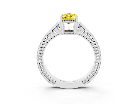 White gold Pear Cut Yellow Sapphire Ring with Milgrain Pavé Band and Four-Prong Setting_62