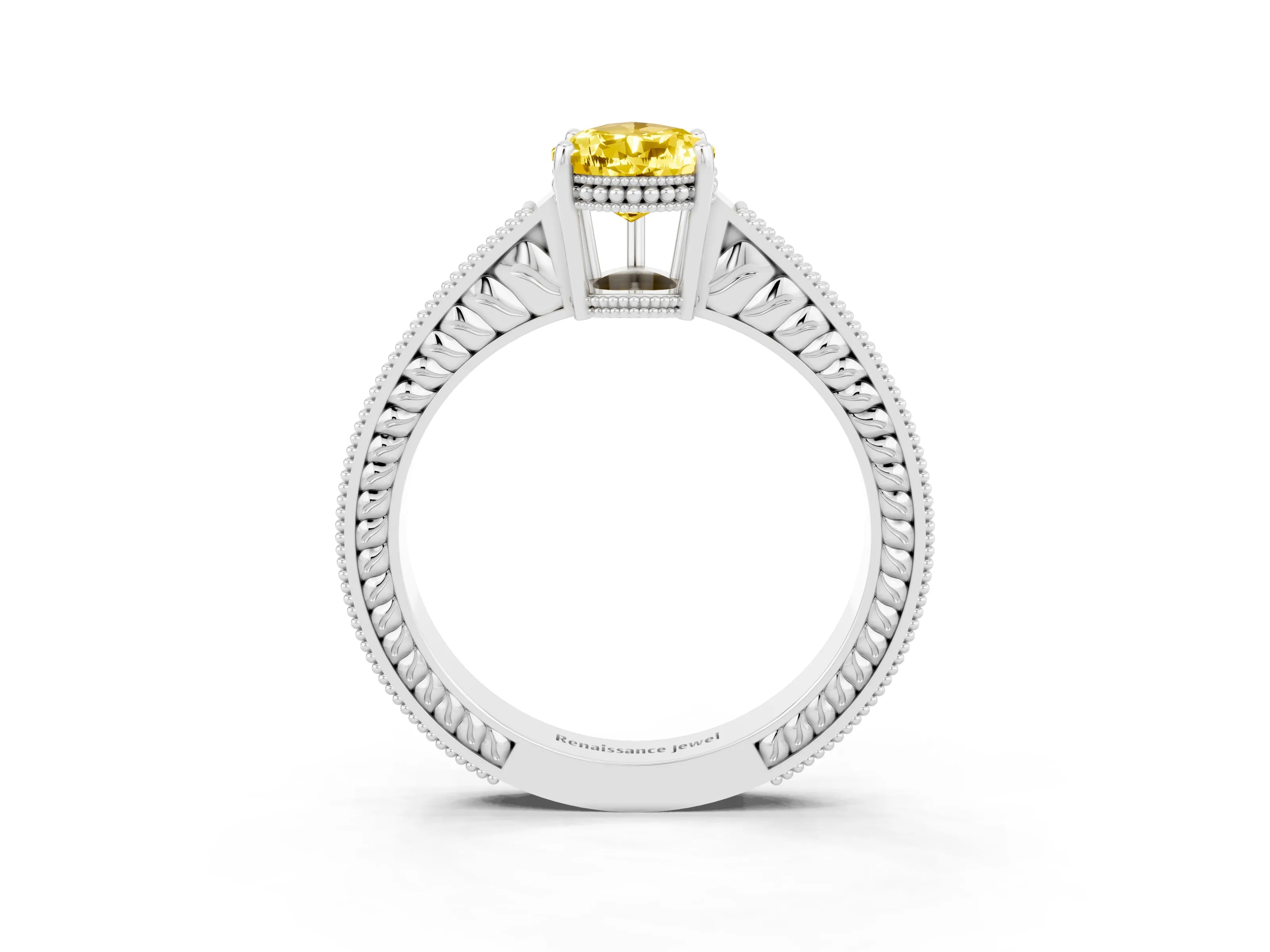 White gold Pear Cut Yellow Sapphire Ring with Milgrain Pavé Band and Four-Prong Setting_63