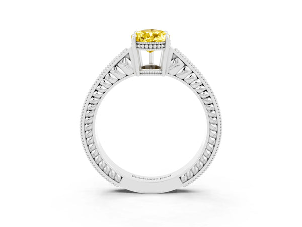 Silver Pear Cut Yellow Sapphire Ring with Milgrain Pavé Band and Four-Prong Setting