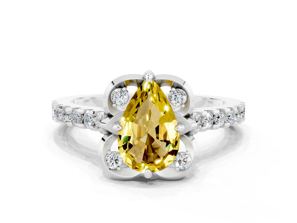 Platinum Pear Cut Yellow Sapphire Ring with Pavé Band and Floral Prong Setting