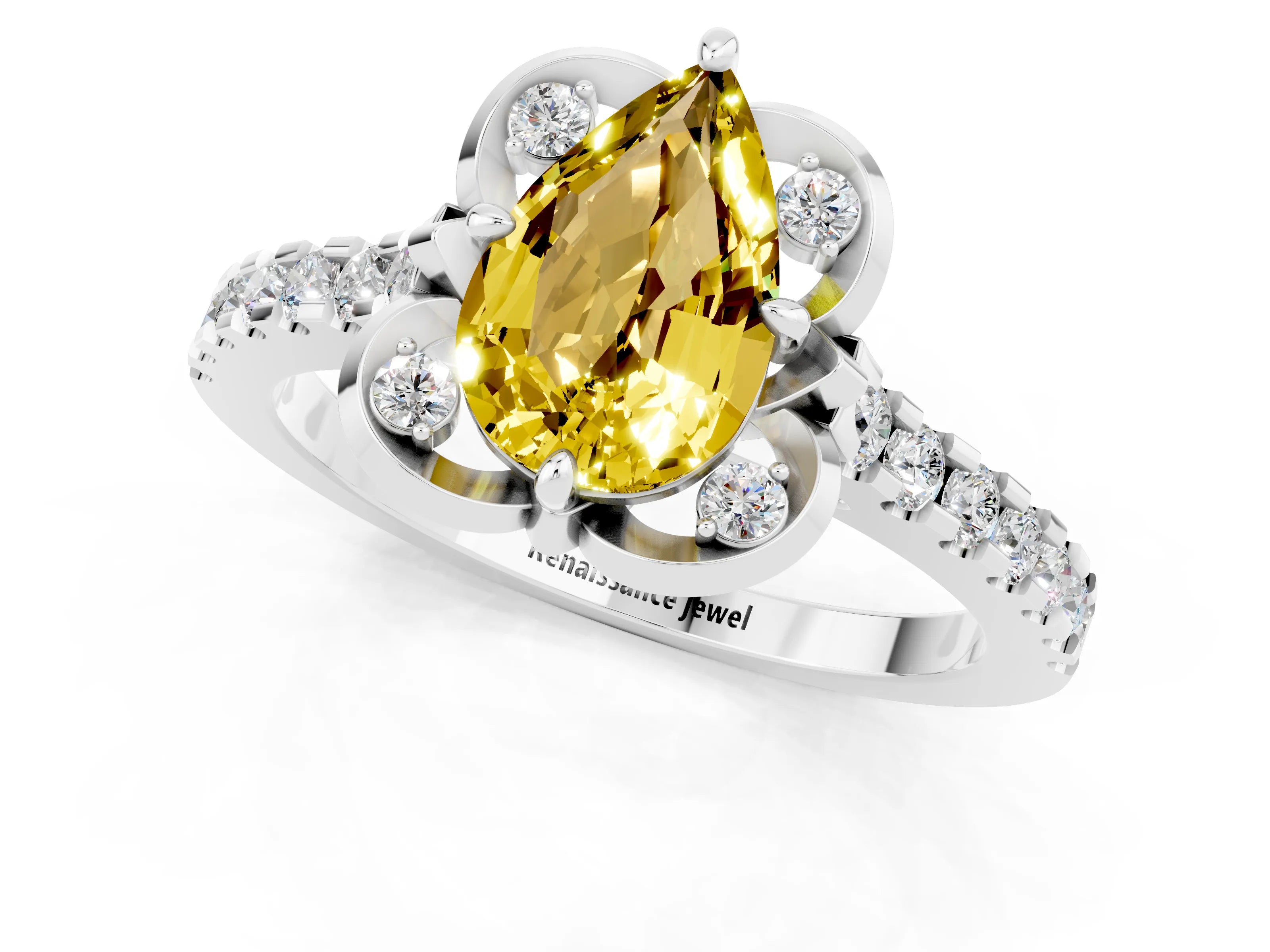 White gold Pear Cut Yellow Sapphire Ring with Pavé Band and Floral Prong Setting_1