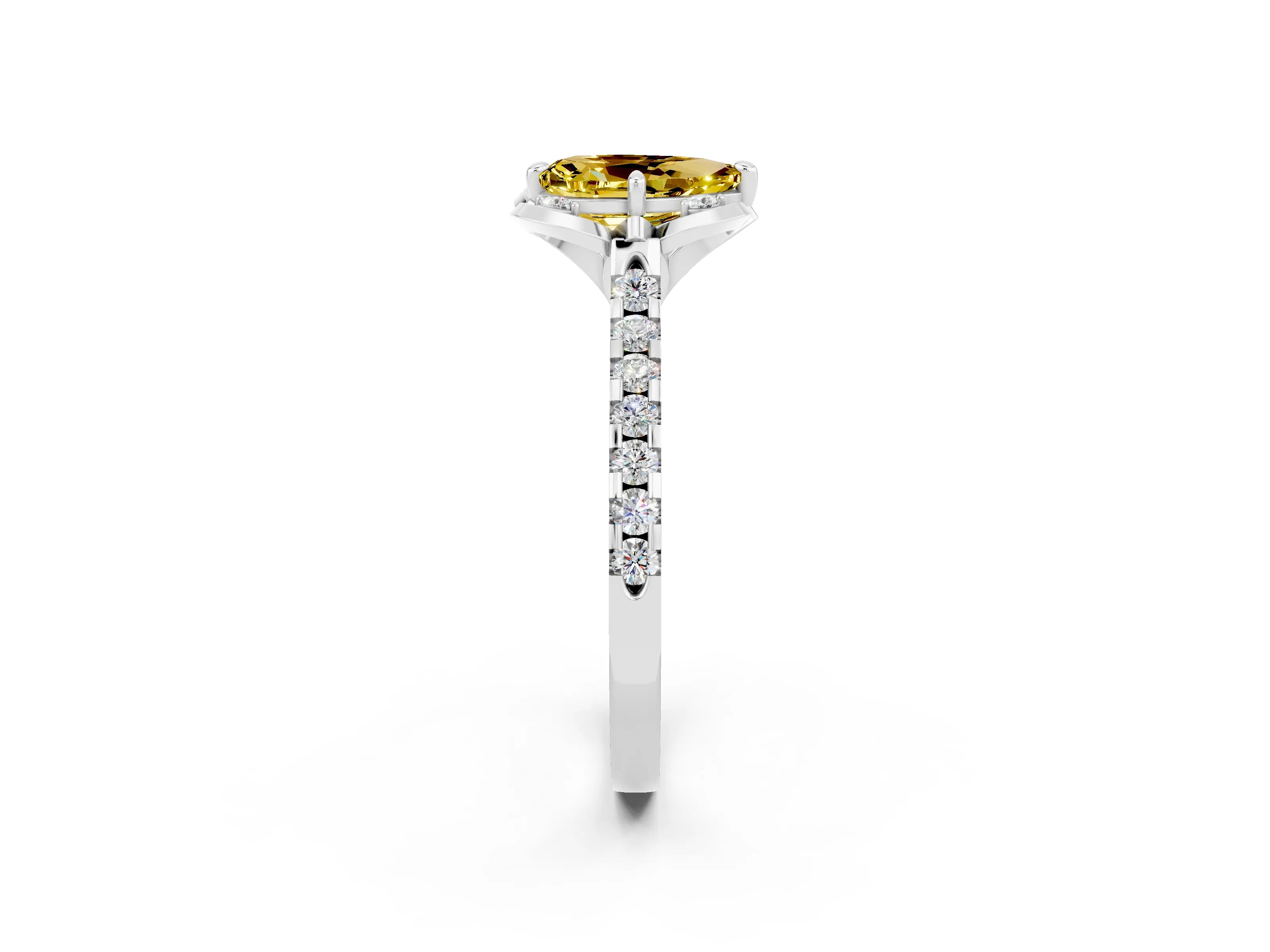 White gold Pear Cut Yellow Sapphire Ring with Pavé Band and Floral Prong Setting_2