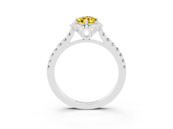 White gold Pear Cut Yellow Sapphire Ring with Pavé Band and Floral Prong Setting