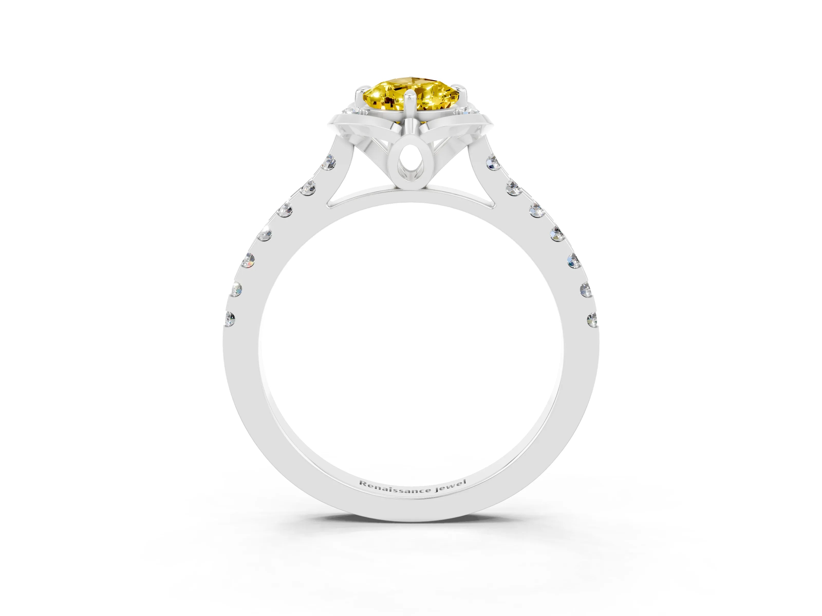White gold Pear Cut Yellow Sapphire Ring with Pavé Band and Floral Prong Setting_3