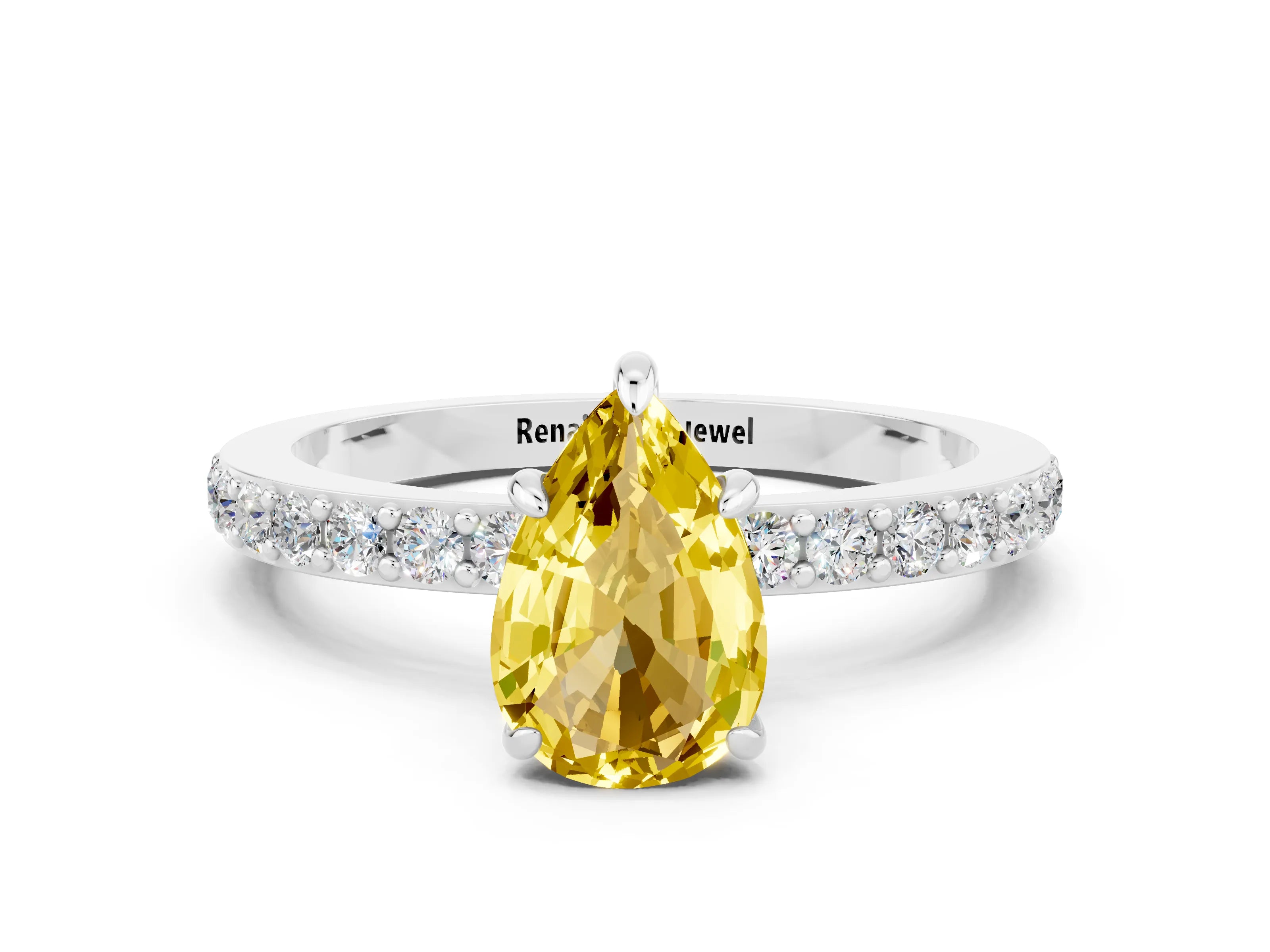 White gold Pear Cut Yellow Sapphire Ring with Pavé Band and Four-Prong Setting_24