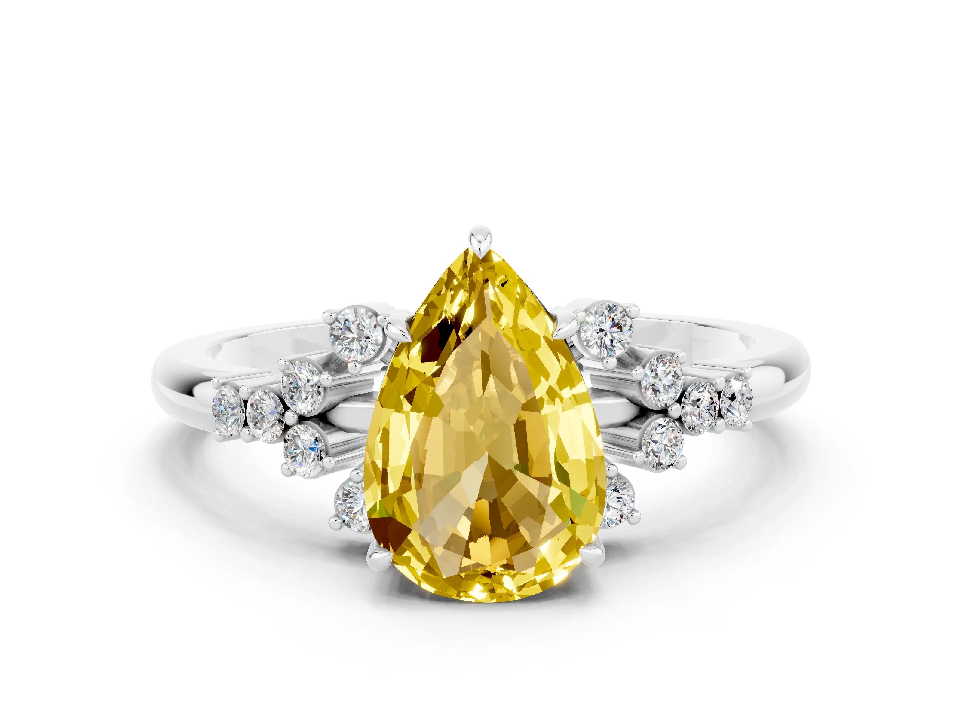White gold Pear Cut Yellow Sapphire Ring with Side Stones and Four-Prong Setting_60