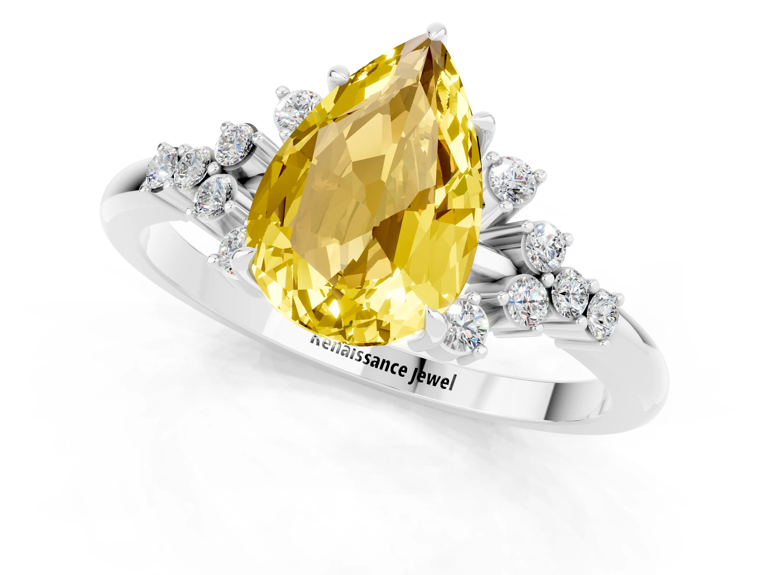 White gold Pear Cut Yellow Sapphire Ring with Side Stones and Four-Prong Setting_61
