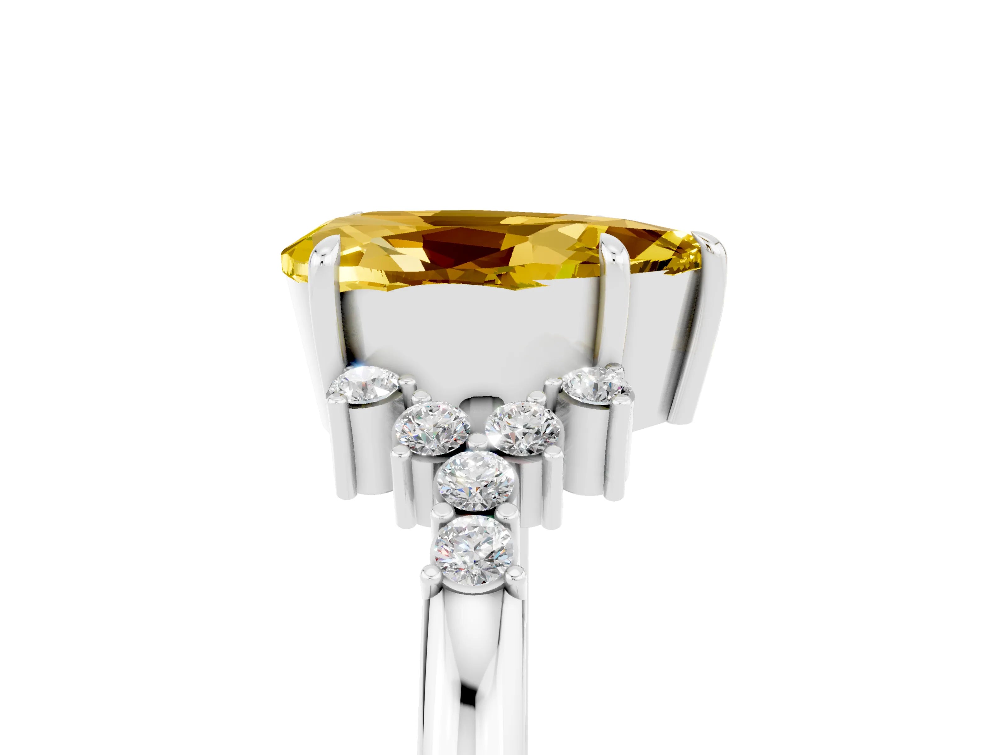 White gold Pear Cut Yellow Sapphire Ring with Side Stones and Four-Prong Setting_65