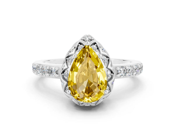 White gold Pear Cut Yellow Sapphire Scalloped Halo Engagement Ring with Round Shared Prong Band