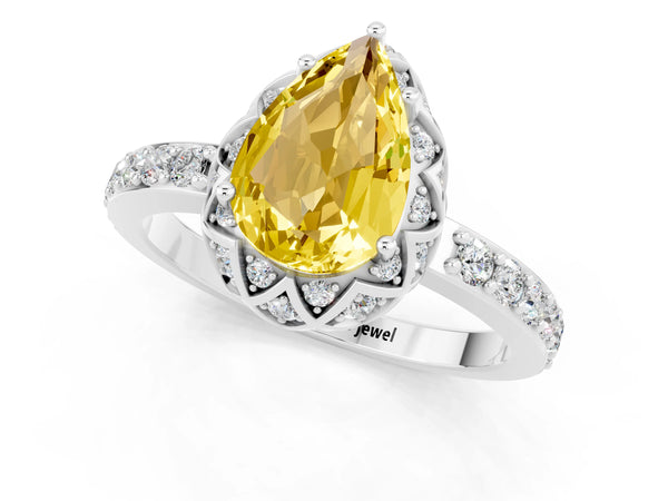Platinum Pear Cut Yellow Sapphire Scalloped Halo Engagement Ring with Round Shared Prong Band