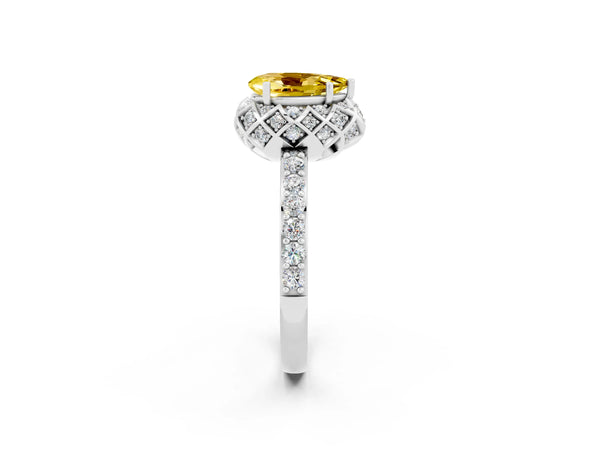 Platinum Pear Cut Yellow Sapphire Scalloped Halo Engagement Ring with Round Shared Prong Band