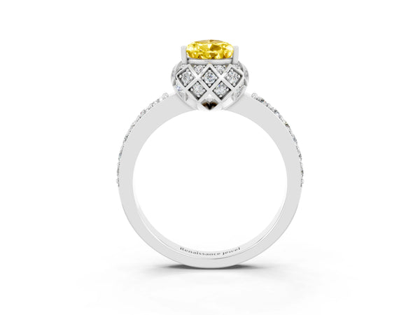 Silver Pear Cut Yellow Sapphire Scalloped Halo Engagement Ring with Round Shared Prong Band