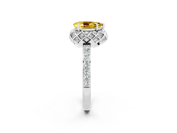 White gold Pear Cut Yellow Sapphire Scalloped Halo Engagement Ring with Round Shared Prong Band