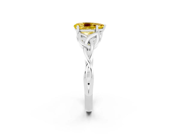White gold Pear Cut Yellow Sapphire Solitaire Celtic Knot Ring with Four-Prong Setting