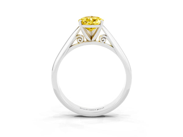 Platinum Pear Cut Yellow Sapphire Solitaire Engagement Ring with Cathedral Setting and Four-Prong Mount
