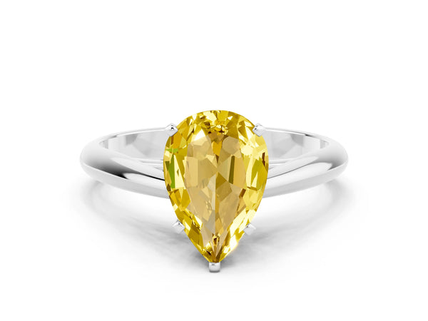 White gold Pear Cut Yellow Sapphire Solitaire Engagement Ring with Cathedral Setting and Four-Prong Mount