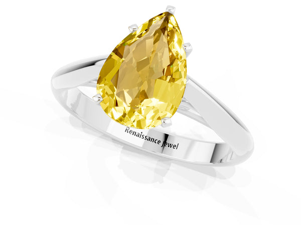 White gold Pear Cut Yellow Sapphire Solitaire Engagement Ring with Cathedral Setting and Four-Prong Mount