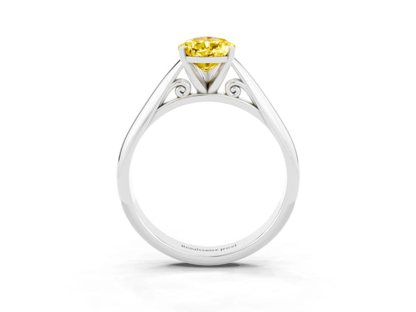 White gold Pear Cut Yellow Sapphire Solitaire Engagement Ring with Cathedral Setting and Four-Prong Mount