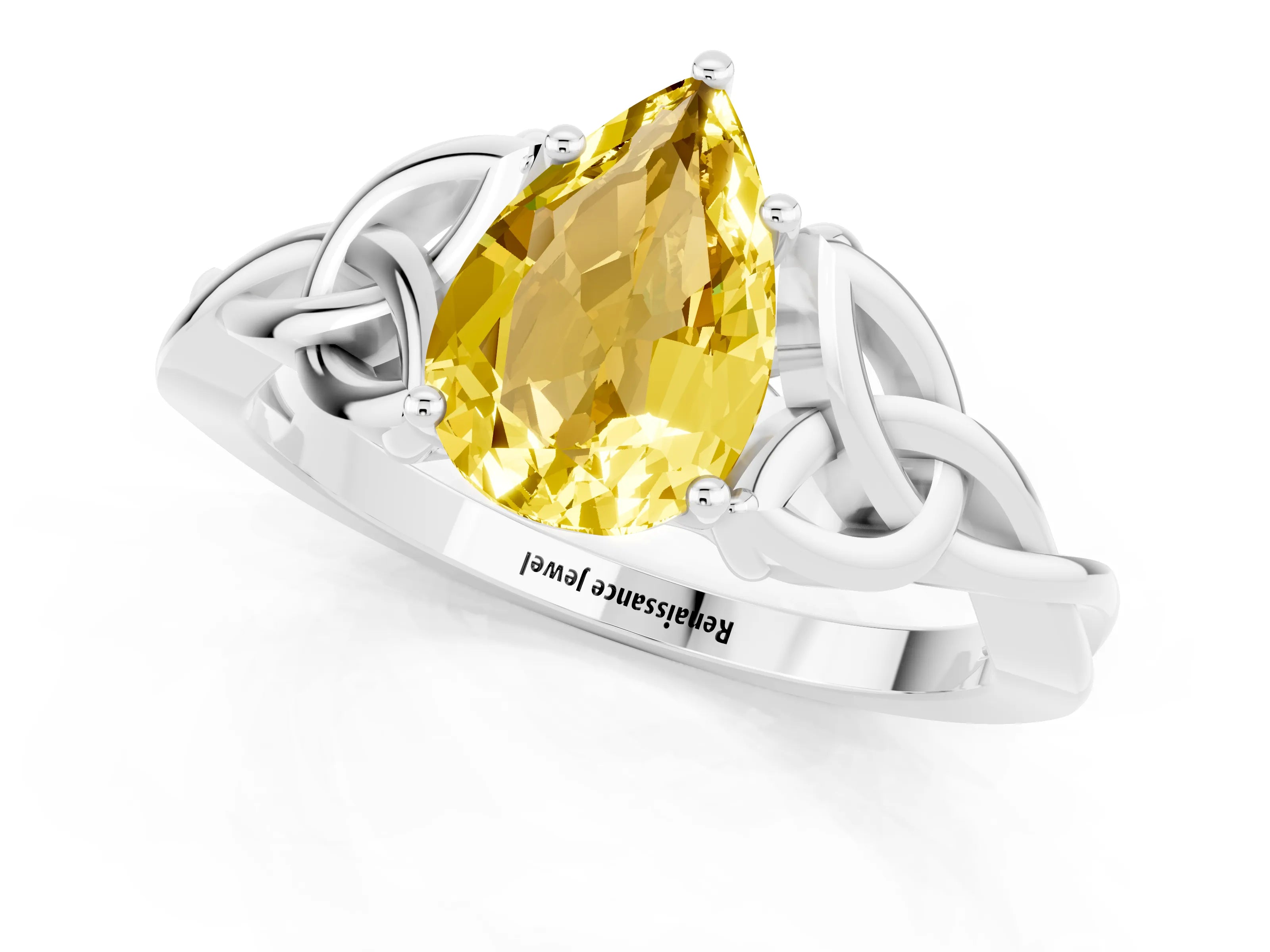 White gold Pear Cut Yellow Sapphire Solitaire Engagement Ring with Celtic Knot Band and Four-Prong Setting_25