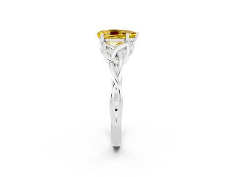 White gold Pear Cut Yellow Sapphire Solitaire Engagement Ring with Celtic Knot Band and Four-Prong Setting_26
