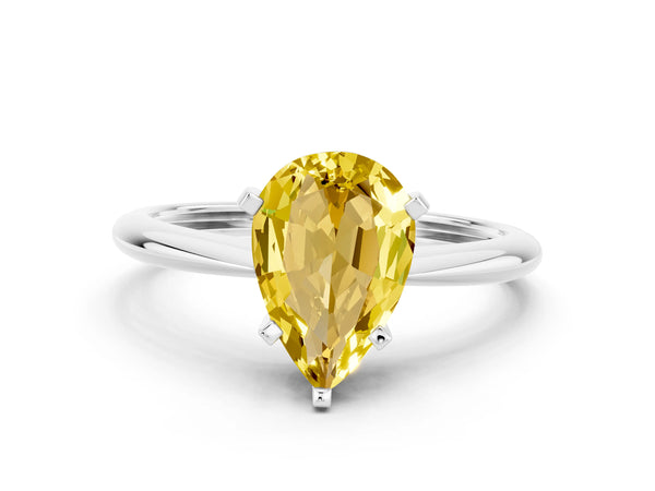 White gold Pear Cut Yellow Sapphire Solitaire Engagement Ring with Classic Band and Four-Prong Setting