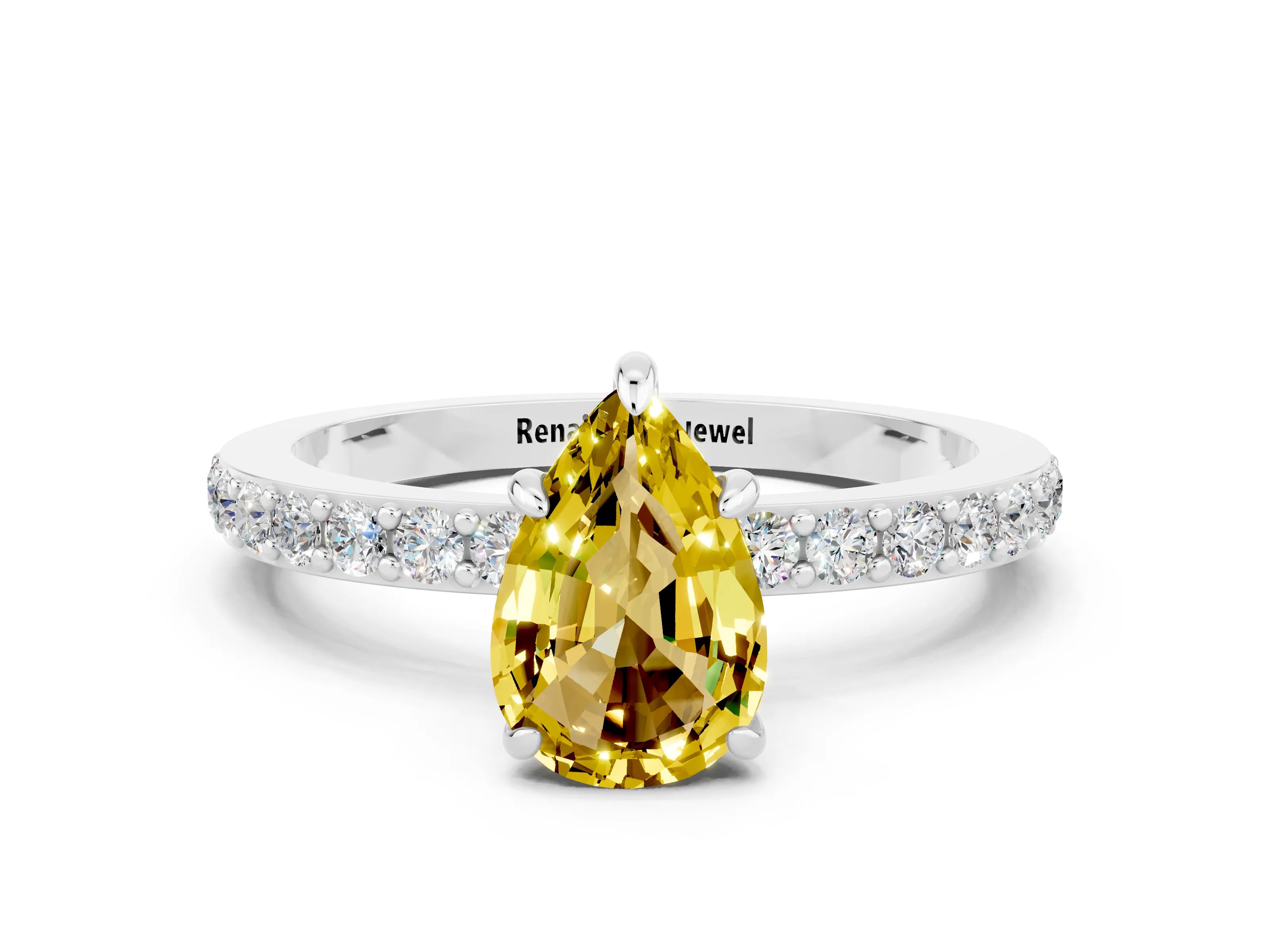 White gold Pear Cut Yellow Sapphire Solitaire Engagement Ring with Pavé Band and Four-Prong Setting_36